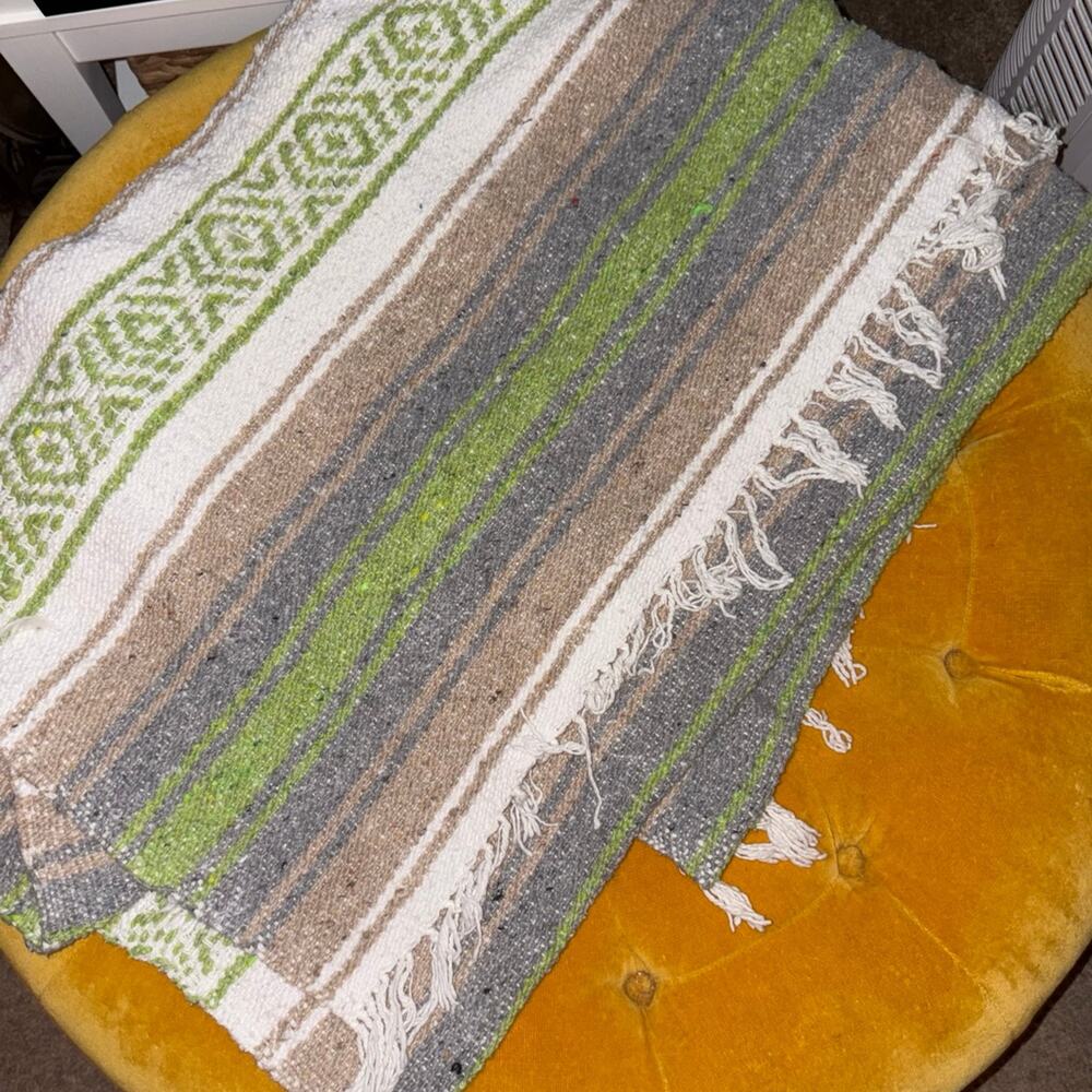 Mexican Falsa Woven Throw Blankets Green Gray Beige